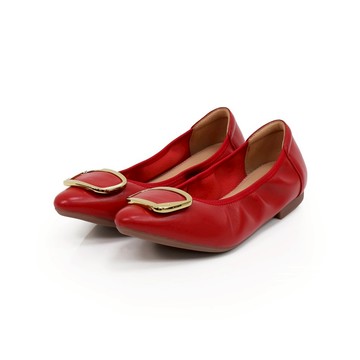 viina 珍妮絲 2 · 全真皮方扣尖頭摺疊平底娃娃鞋-紅(版型偏小1碼)