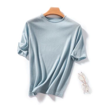 精紡超細純羊毛針織短袖T恤衫圓領套頭夏季薄款簡約百搭通勤打底