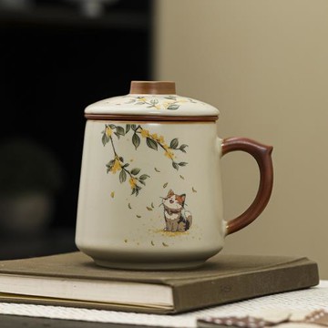 汝窯馬克杯辦公杯帶蓋過濾水杯茶水分離泡茶杯家用個人杯送禮禮品