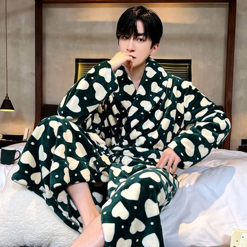秋冬季男士珊瑚絨浴袍睡衣青年帥氣學生加絨加厚法蘭絨睡袍家居服