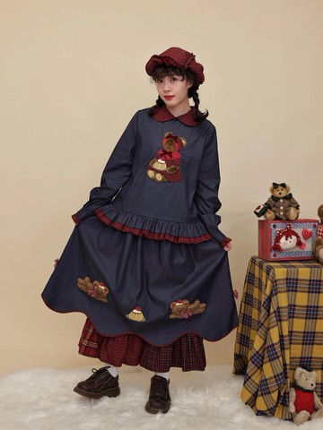 古著感 立體布丁熊 刺繡牛仔襯衫