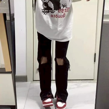 Chubchic~S-5XL 破洞牛仔褲 大碼高街開叉拉鏈黑色vibe風破洞牛仔褲女夏季胖mm顯瘦歐美直筒褲 大碼牛仔褲