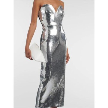 晚禮服女2023新款時尚抹胸修身生日派對銀色亮片修身中長連衣裙夏