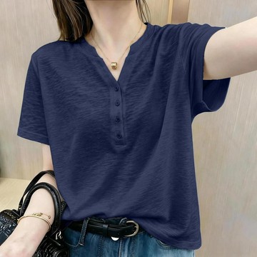 台灣现貨 竹節棉短袖 涼感上衣 寬鬆上衣 女上衣 短袖t恤 女生上衣 韓系t恤 夏天短袖 V領t恤 韓版上衣 短袖上衣