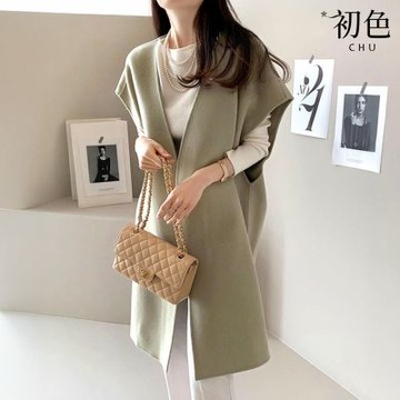 初色 日系寬鬆V領無袖蝙蝠袖純色中長款毛呢披肩斗篷馬甲外套女外套-共3色-18024(F可選)