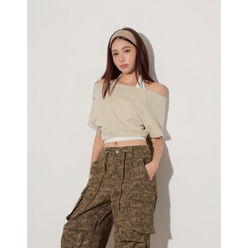 AIR SPACE LADY 假兩件一字領繞頸短袖短版上衣(杏/灰) 女裝 現貨