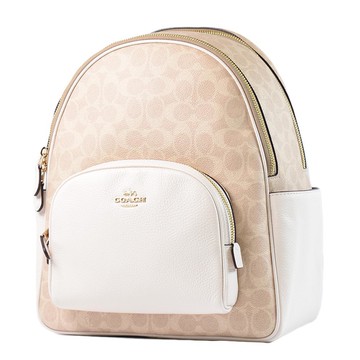 COACH 緹花LOGO雙側置物拉鍊後背包-灰褐