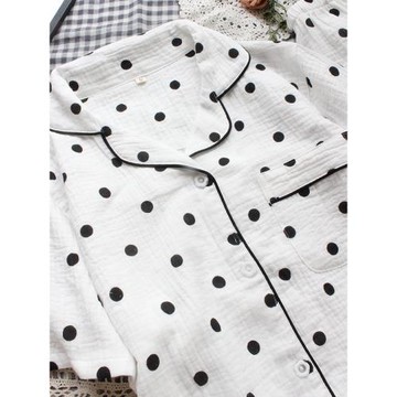 女睡衣純棉水洗縐布短袖長褲套春秋寶寶棉長袖家居服雙層紗布短袖