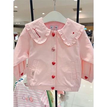 爆款韓國童裝 24春女童寶洋氣粉色娃娃翻邊領愛心扣外套 甜美夾克