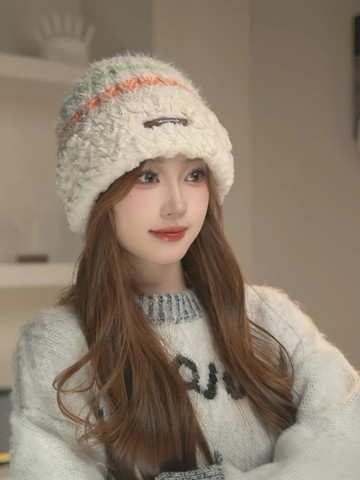 聖誕禮物條紋毛線帽子女保暖防風針織帽百搭防寒可愛顯臉小秋冬季【淘夢屋】
