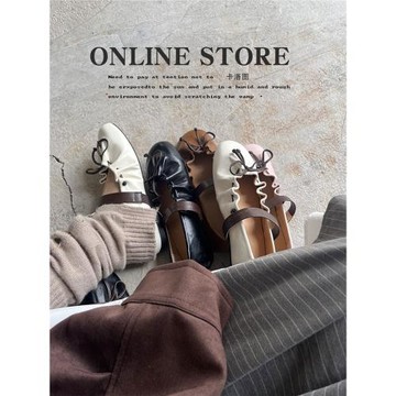 卡洛圖韓版真皮褶皺芭蕾舞鞋女蝴蝶結綁帶瑪麗珍超軟平底春季單鞋