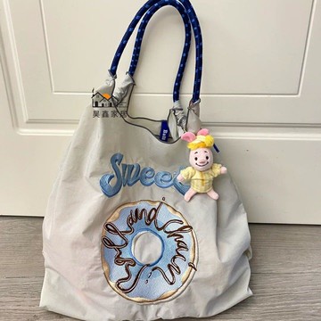 免運 附發票 購物袋 購物包 甜甜圈日系易夢玲同款學生刺繡環保布袋刺繡尼龍手提包單肩托特包