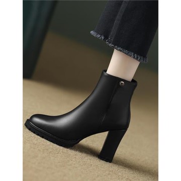 2025秋冬新款圓頭高跟及裸靴時尚防水臺粗跟瘦瘦靴側拉鏈氣質短靴