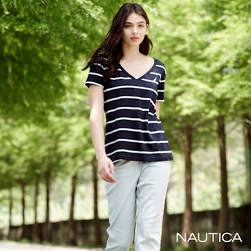 Nautica 女裝 細條紋V領短袖T恤-藍色