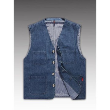 男士純棉牛仔馬甲男無領潮寬松大碼棉布背心工裝多口袋坎肩男寬松