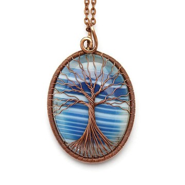 瑪瑙吊墜生命之樹項鍊銅線纏繞項鍊