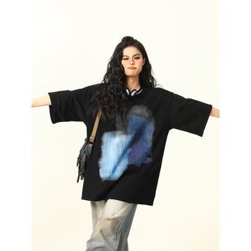 野生阿子美式街頭小眾設計涂鴉印花短袖T恤男女夏季寬松情侶上衣