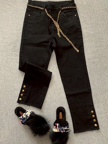 歐貨百搭金屬腰鏈秋季新款女彈力顯瘦多排扣直筒高腰牛仔褲潮