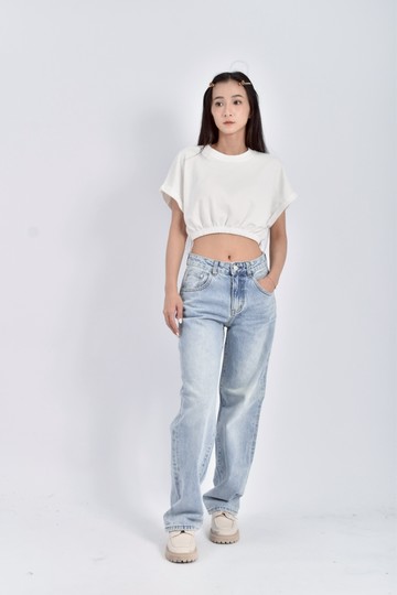 (S) squarebear丹寧牛仔質感棉質純棉直筒淺藍色長褲