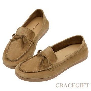 【Grace Gift】舒適輕柔手工真皮蝴蝶結平底莫卡辛鞋 棕