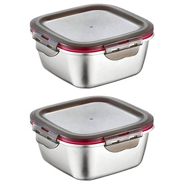 304不鏽鋼 正方形趣味保鮮盒 可微波 14 x 14 x 7cm   600ml  2個  1個容器 + 1個蓋子