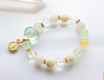 天然石心形螢石與藍月光石手鍊　招引幸運　能量石手鍊