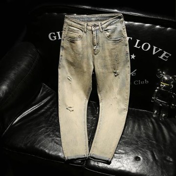 LORK&DEEM 潮牌高街水洗做舊牛仔褲男士帥氣修身美式復古破洞長褲