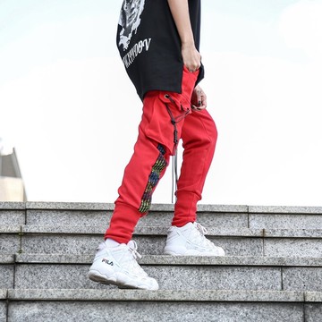 FINDSENSE H1 2018 夏季 新款 暗黑 彩色職條 嘻哈個性寬鬆 束腳褲  運動長褲 休閒褲 潮 男褲子