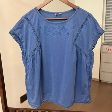 歐美單純棉刺繡蕾絲拼接圓領短袖T恤女藍色寬松休閑上衣
