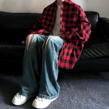 【川澤百貨】經典款日系少年感紅黑格紋襯衫 新款寬鬆港風襯衫男 休 閒襯衫 防曬襯衫 長袖襯衫男女款上衣 情侶襯衫