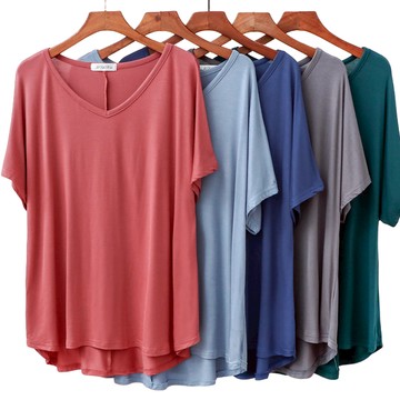 莫代爾短袖T恤  涼感上衣 莫代爾T恤 大尺碼女裝居家服 睡衣 中大尺碼 寬鬆休閒上衣莫代爾V領短袖T恤 022106