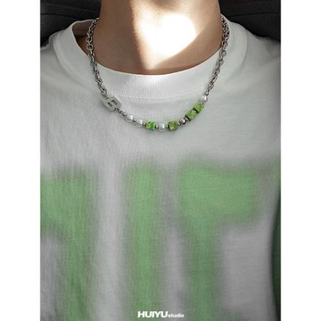 綠色方塊拼接珍珠鈦鋼項鏈男生潮輕奢小眾高級感飾品配飾痞帥嘻哈