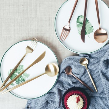 葡萄牙ins網紅玫瑰金色不銹鋼拉絲高檔西餐三件套牛排刀叉勺套裝