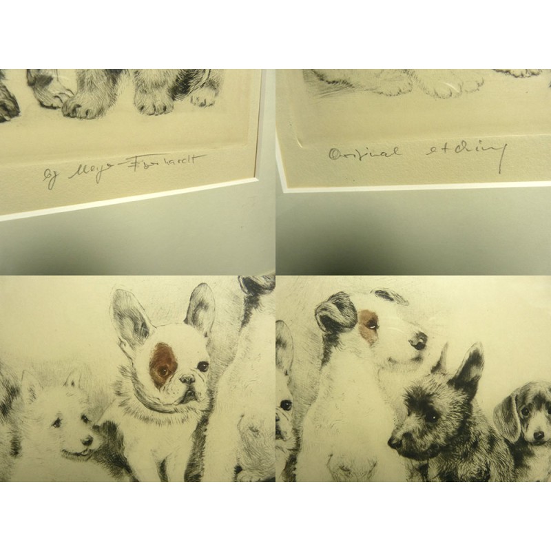 クルト・メイヤー＝エバハート 手彩色 銅版画 / 8匹の犬 / エッチング 
