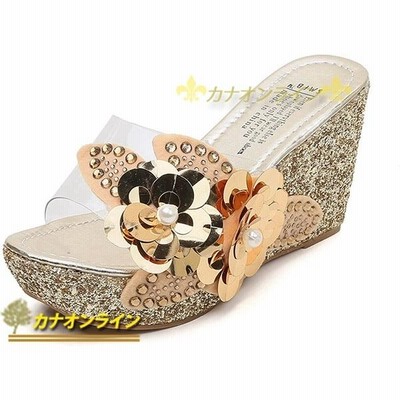 クリア ミュール つっかけスリッパ ウェッジソール サンダル キラキラ フラワー レディース おしゃれ 大人可愛い 美脚 ハイヒール  厚底