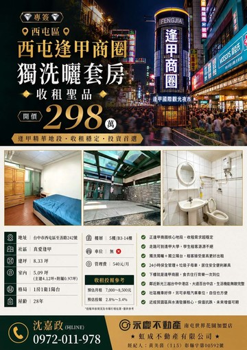 逢甲商圈✨真愛逢甲✨收租置產首選，黃金地段獨洗曬｜台中市西屯區至善路