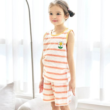 韓國 Maykids - 輕薄細柔棉無袖家居服-條紋X微笑花-粉橘