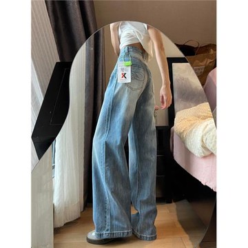 美式高街直筒牛仔褲女春季小個子寬松水洗藍色高腰顯瘦闊腿長褲子