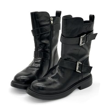 Robinlo 緞影真皮復古英倫雙扣中筒靴騎士靴 MAXWELL 經典黑