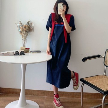 短袖 背心 無袖 寬鬆T恤  夏韓版寬鬆大碼純棉T恤連衣裙100kg胖mm孕婦顯瘦過膝懶人長裙