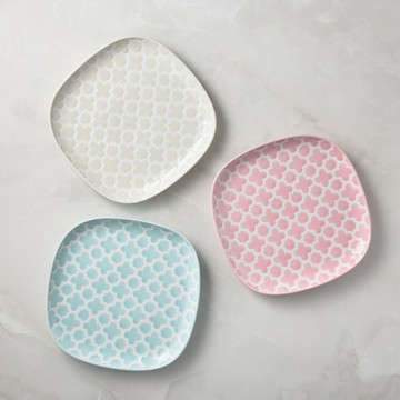 石丸波佐見燒 - 摩洛哥花磚圓角盤(大) - 2件組(22.3CM) - 米白+粉紅