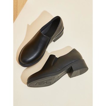 秋冬季深口單鞋女粗跟4cm黑色工作鞋酒店銀行上班正裝黑皮鞋中跟