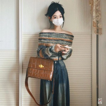 🔥店長新選🔥鹽系輕熟兩件套裝一字肩復古針織毛衣美式牛仔褲秋冬裝美拉德搭配 毛衣