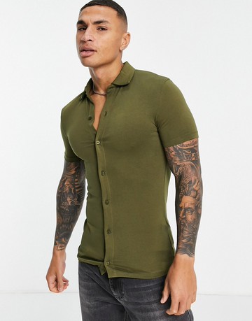 ASOS DESIGN muscle fit jersey shirt in khaki MGREEN推薦| ASOS