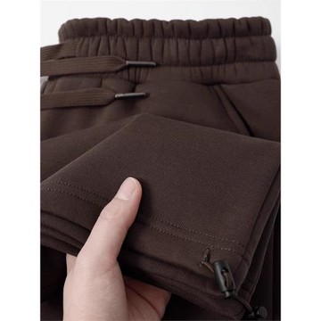 咖啡色直筒衛褲男420g美式重磅垂感加絨加厚保暖抽繩運動休閑褲女