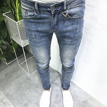 潮男夏韓修身貓須小腳鉛筆淺藍牛仔褲長社會小伙快手網紅chic原創