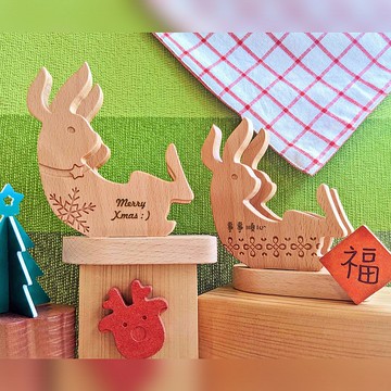 節慶兔兔原木手機座/名片架 - 客製化刻字