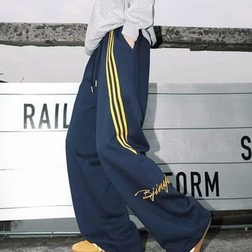 【臺灣出貨】美式闊腿長褲男女 垂感拖地棉運動褲 復古街頭棉長褲 春夏季新款高街中性風小個子休閒運動直筒褲