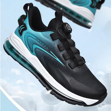 春季新款透氣網面休閑運動鞋男旋轉紐扣免系鞋帶軟底氣墊跑步鞋男