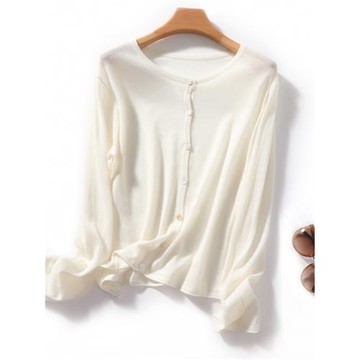 苧麻針織衫女圓領開衫寬松版外搭超薄微透罩衫夏季休閑長袖防曬衫